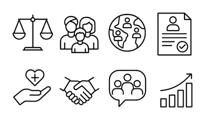 Health Equity Icons. Outline vector icons of health equity initiatives: equality scale, diverse patients,