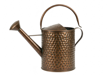 A vintage copper watering can with a hammered texture and curved handle, isolated on a transparent background