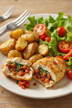 Savor a Gourmet Stuffed Chicken Dinner: Succulent Chicken Breast Filled with Sun-Dried Tomatoes and Spinach, Paired with Crispy Roasted Potatoes and Fresh Garden Salad for a Balanced Meal.
