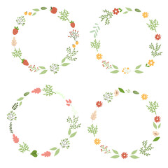 Collection of vector illustrations with botanical wreaths and floral frames for greeting card design.