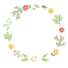 Botanical circle frame. Floral wreath with flat cartoon style for spring design. Seasonal decoration banner.
