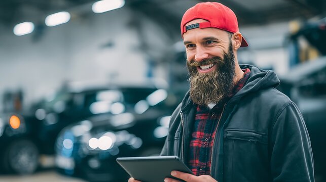 Man Smiling Using Tablet at Garage with Cars