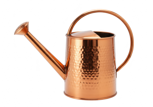 A vintage copper watering can with a hammered texture and curved handle, isolated on a transparent background