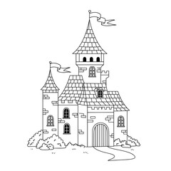 Fototapeta premium Fairytale Castle Classic black and white line drawing of a fantasy castle with flags