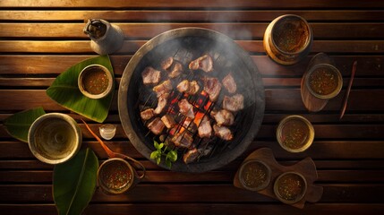 Overhead Shot of Grilled Pork on Charcoal Grill with Dipping Sauces