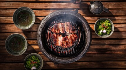 Overhead View of Sizzling Grilled Meat and Condiments on Dark Wooden Table