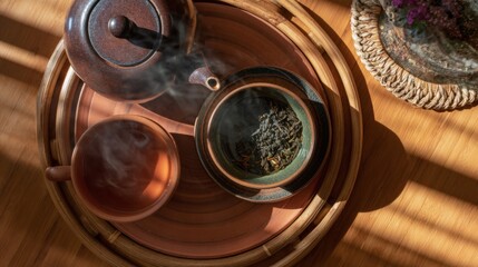 Rustic Earthenware Tea Set in Warm Sunlight