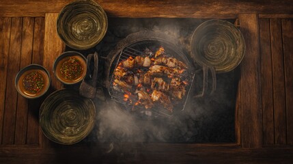 Smoky Grilled Meat on Rustic Wooden Table with Dipping Sauces