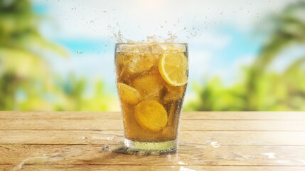 Refreshing Iced Lemon Tea Splashing in Glass on Wooden Table Tropical Background