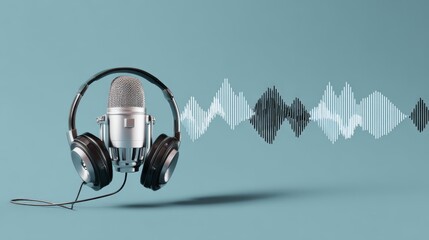 Silver Microphone and Black Headphones with Sound Waves on Blue Background