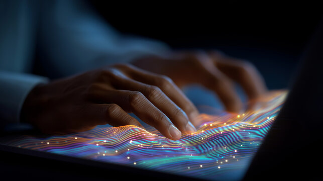 Futuristic laptop interface with multicolored data stream visualization