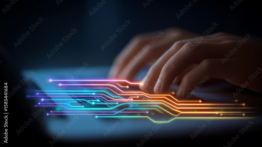 Poster close-up of hands typing on a sleek laptop with digital data stream