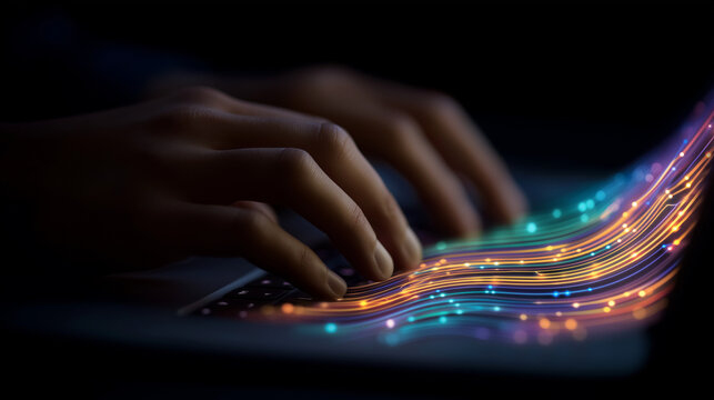 Futuristic laptop interface with dynamic data streams and typing hands