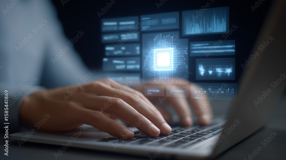 Aufkleber close-up of hands typing with ai chip and data panels