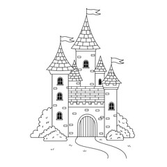 Outline illustration of a castle featuring multiple turrets, windows, and flags on a white