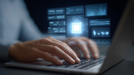 Close-up of hands typing with AI chip and data panels