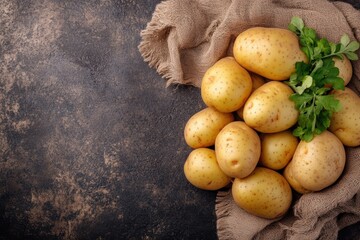 Premium farm potatoes ready for consumption with fresh green herbs
