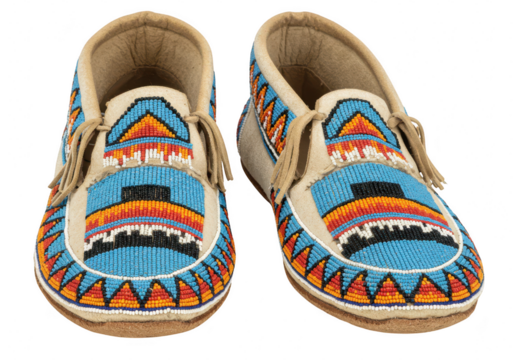 A pair of intricately beaded native american moccasins are displayed isolated on transparent background