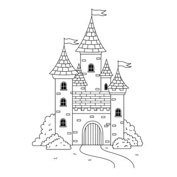 Outline illustration of a castle featuring multiple turrets, windows, and flags on a white