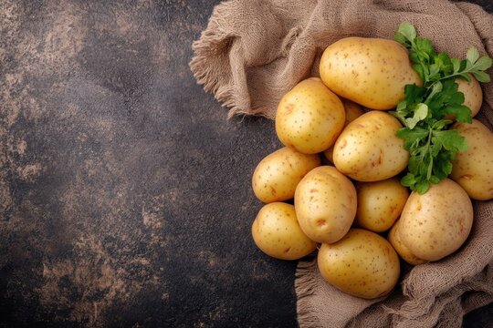 Premium farm potatoes ready for consumption with fresh green herbs