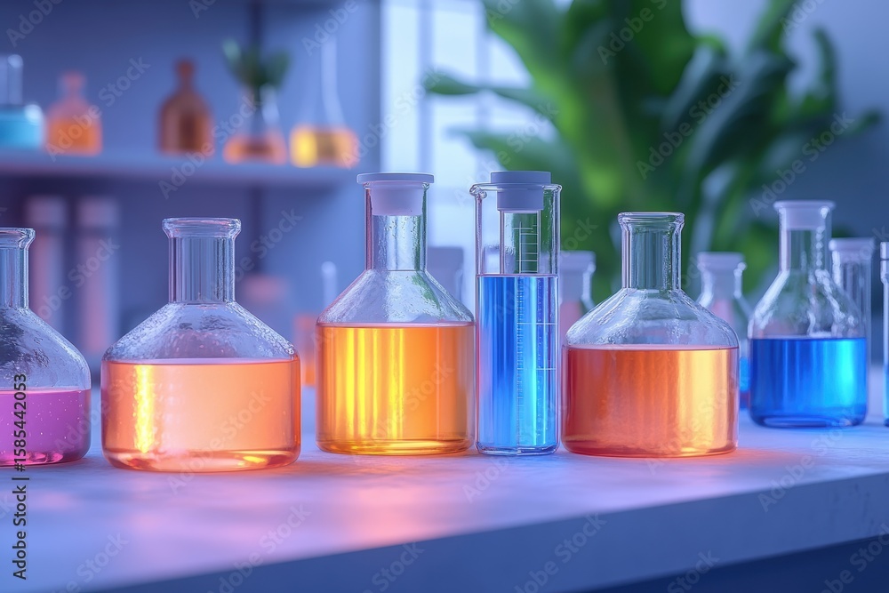 Poster science lesson featuring virtual lab experiments with colorful solutions and equipment