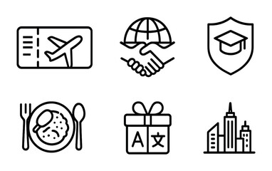 Cultural Exchange Icons. Outline vector icons of cultural exchange programs: boarding pass, airplane, global