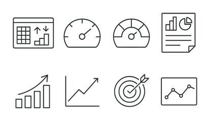 Performance Metrics Icons. Outline vector icons of performance tracking and metrics: KPI dashboard,