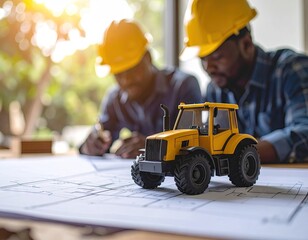 Architects reviewing blueprints with model