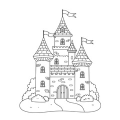 Obraz premium Outlined fairytale castle with flags atop each tower, windows, and stone brick detail