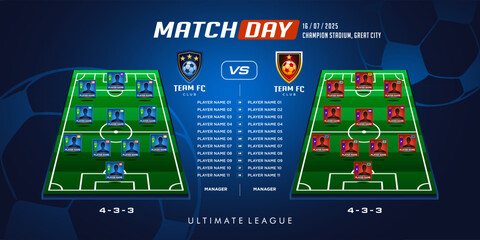 Football or soccer match team formation infographic banner. Football graphic for soccer starting lineup squad, Soccer line up strategy, starting XI matchday game player position list.
