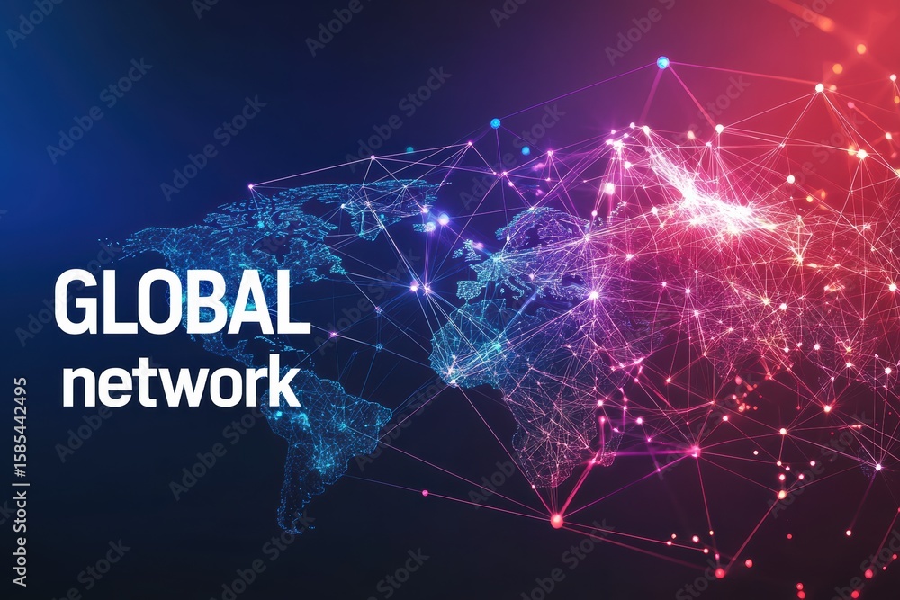 Poster visual representation of a global network showcasing interconnected continents and data flow