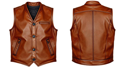 Brown leather jacket vest in front and back view, mockup isolated on transparent background
