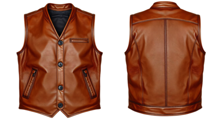Brown leather jacket vest in front and back view, mockup isolated on transparent background
