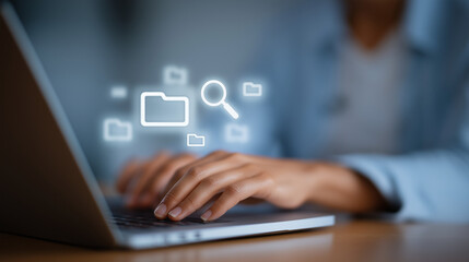 Hands Typing on Laptop with File Management UI and Search Icons