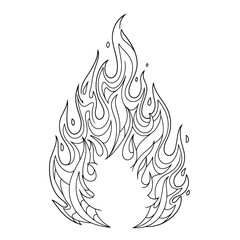 Vector image of flames, black outlined fire. Graphic depiction, white background, minimalist art