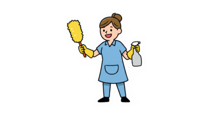 Happy Cartoon Cleaning Worker with Duster and Spray Bottle