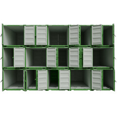 Overhead view of a modular storage unit, resembling a wall of interconnected, uniformly sized,...