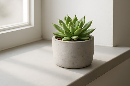 Fototapeta Minimalist succulent plant in a concrete pot placed on a windowsill for modern home decor and botanical lifestyle themes