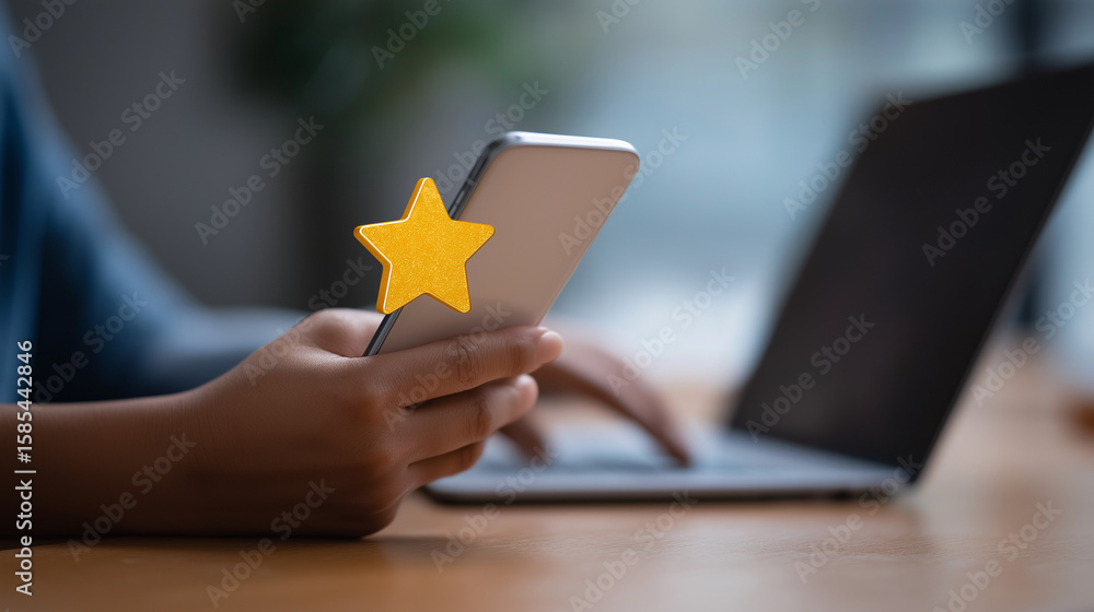 Poster user satisfaction rating interface with smartphone and laptop