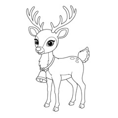 A reindeer with antlers, large eyes, fur on its neck, and a bell around its neck is shown