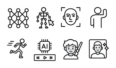AI Animation Icon Set. Outline icon set of AI-assisted animation: neural net icon, auto-rig tool, face