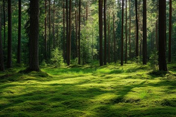 Obraz premium Ein unberührter Fichtenwald in natürlicher Umgebung, beleuchtet vom warmen Licht der Morgensonne