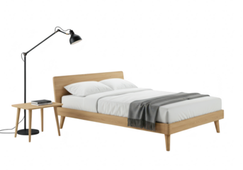 A modern wooden bed with white linens, a grey blanket, a nightstand with a lamp, and books are arranged against a transparent background