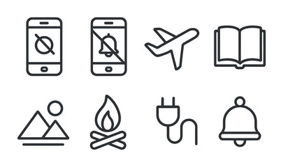 Digital Detox Icons. Outline icon set of digital detox and unplugging: phone off, no notifications, airplane