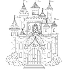 Princess in castle with tall towers and flags, holding a stuffed animal, black and white