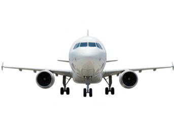 The front view of a modern passenger airplane with wings spread, isolated on a transparent background