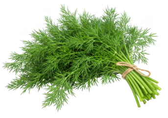 A fresh bunch of green dill herb tied with twine, isolated on a transparent background
