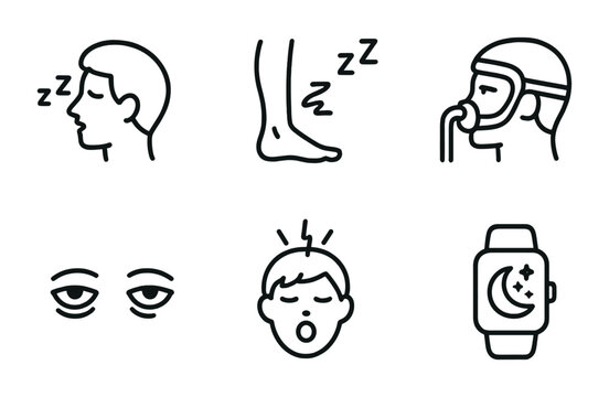 Sleep Disorder Icons. Outline icon set of sleep disorders and symptoms: snoring icon, restless leg, insomnia
