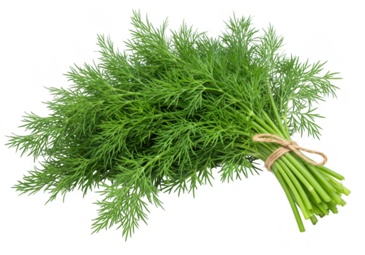 A fresh bunch of green dill herb tied with twine, isolated on a transparent background