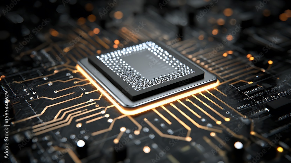 Poster close up of computer chip on circuit board glowing with orange light